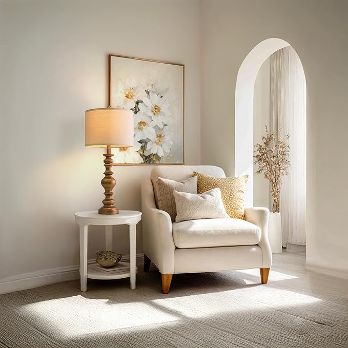 BOBOMOMO 27" Antique Gold Table Lamps Set of 2, Elegant Large Resin Lamps with Linen Shades, Gold Traditional Lamps for Bedroom, Living Room, or Console Table, Classic Vintage Décor