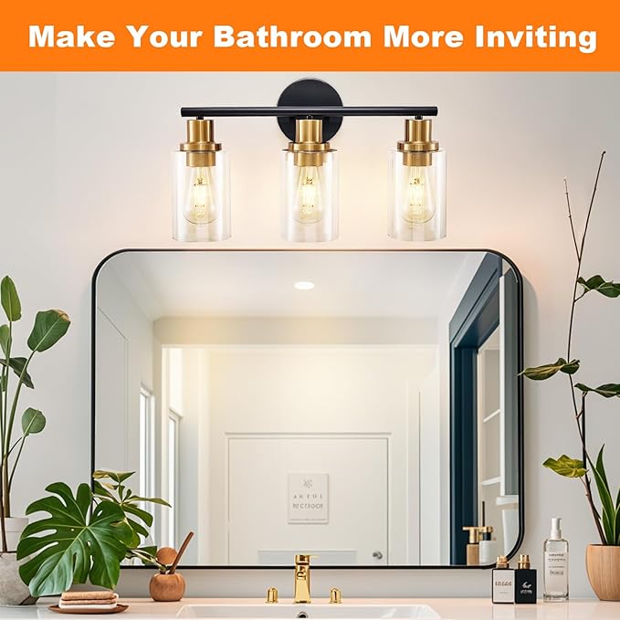 DLLT 3-Light Bathroom Light Fixtures: Black and Gold Modern Vanity Lights with 3 E26 Bulbs - Clear Glass Shade Bathroom Wall Lamp for Mirror Kitchen Living Room Hallway Cabinet Porch