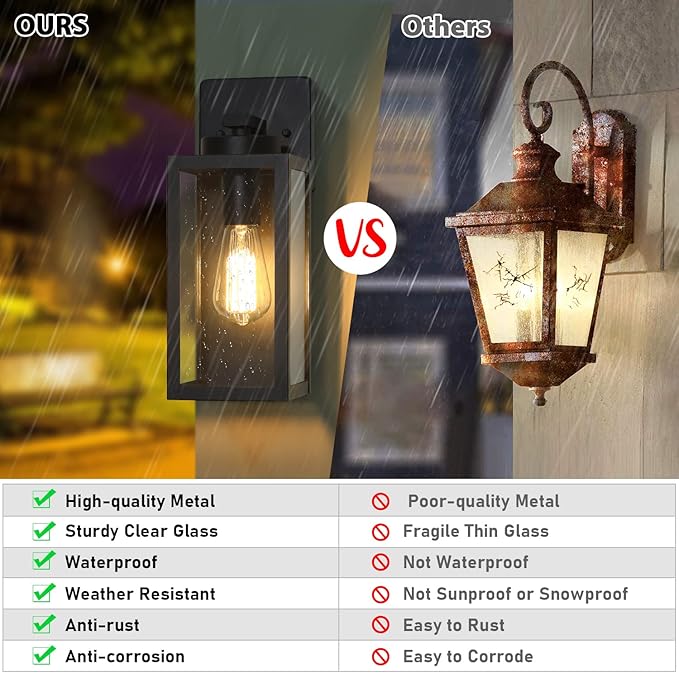 Outdoor Wall Light Fixtures, Exterior Waterproof Wall Lanterns, Porch Sconces Lighting with E26 Sockets & Glass Shades, Modern Matte Black Outside Lights for Patio Front Door Entryway Garage, 2-Pack