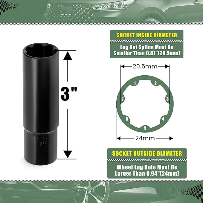 7 Spline Lug Nuts Key Socket, 1/2 Inch Drive Impact Square Tool - Quickly Remove M14x1.5, M14x2.0 and 9/16 Wheel Lug Nuts | 1 Pc (Black)