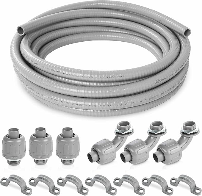 (1/2" Dia * 25 Feet) Yariwiz Flexible Electrical Conduit Liquid Tight PVC Conduit Kit with 3 PCS Coupling, 3 PCS Elbow and 7 PCS Strap, Sealtight Seal Flex Liquidtight Wire Outdoor Non Metallic Grey