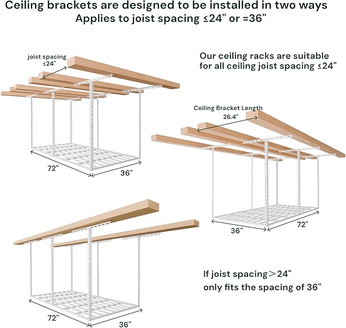 SunsGrove 3x6 Garage Storage Overhead Rack Organization, Adjustable Ceiling Mounted Storage Racks, 800LBS Weight Capacity, 22"-40" Ceiling Dropdown, 2 Pcs, White