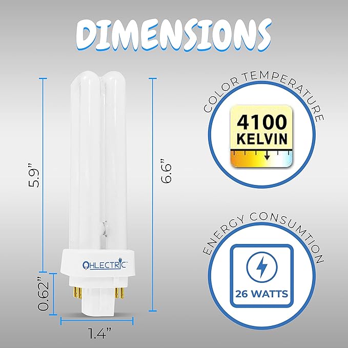 OHLECTRIC 26-att Fluorescent Tube with G24q-3 Base - 4100K Double Tube Fluorescent Lamps - Perfect for Outdoor Spaces and Public Buildings - Pack of 4