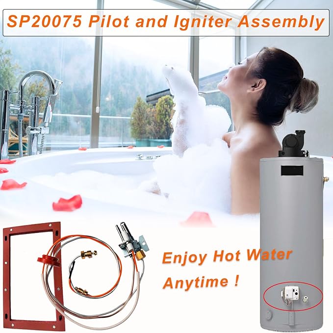 SP20075, SP20305A Pilot and Igniter Assembly Replacement Kit Compatible with GE, Richmond, Rud, Rheem Natural Gas Water Heater Parts, Includes Pilot Assembly, Burner Door Gasket, Screws, Clips