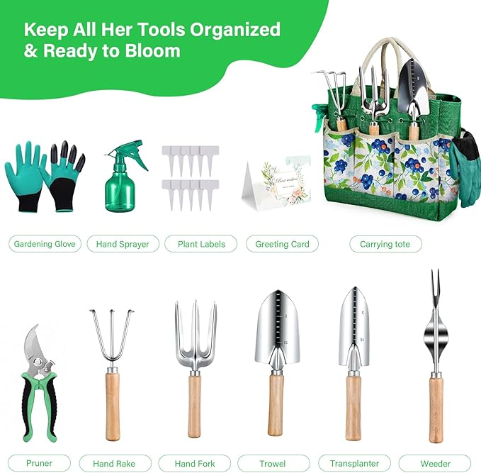 Gardening Tools Set, 11-Piece Heavy Duty Rust-Proof Garden Supplies Perfect Gardening Gifts for Women and Beginner, Green