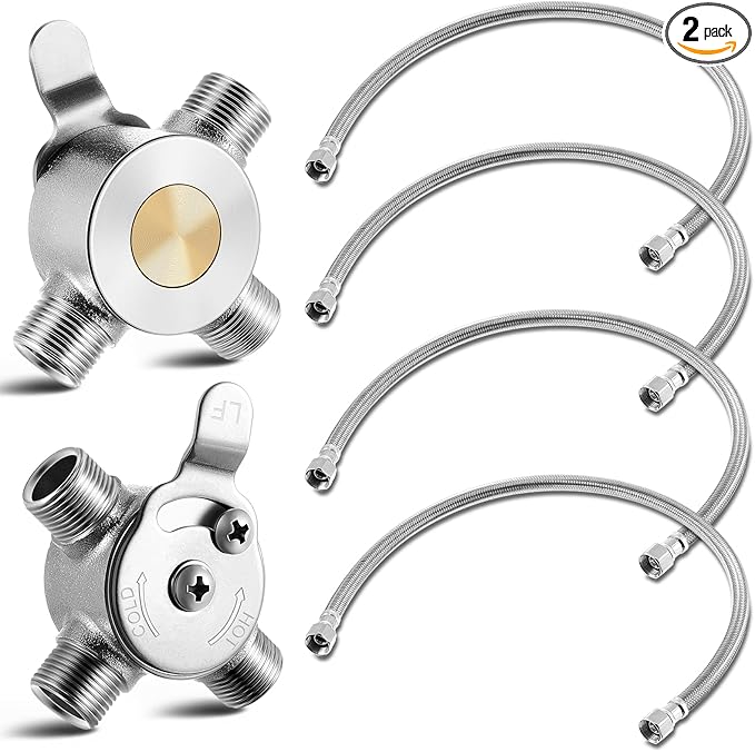 2 Pieces 3/8" Manual Mixing Valve Hot Cold Water Temperature Mixer Thermostatic Mixing Valve for Home and Bathroom Below Deck to Adjust Water Temperature, 4 Braided Faucet Connector Included