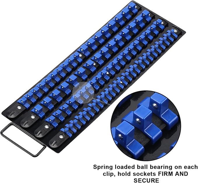 CASOMAN 80-Piece Heavy Duty Socket Organizer Tray, 1/4-Inch, 3/8-Inch, 1/2-Inch,Premium Quality Socket Holders,Black Rails with Blue Clips, Best Unique Tool Gift for Men
