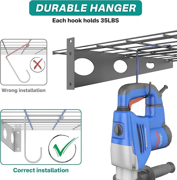 EVERHANGER Wall Mounted Garage Wall Shelves, 2 x 4 ft Metal Storage Shelves, Heavy Duty Wall Shelving with Hooks, Holds Up to 220 Lbs, Black