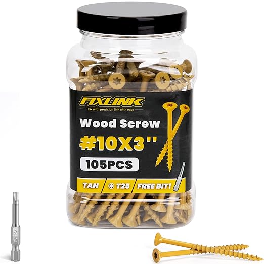 Wood Screws 3 Inch, FIXLINK Deck Screws #10 x 3, 105 PCS, Epoxy Coated, T25 Star Bit Above 1500 Hour Salt Spray Coating Outdoor Decking Screws Excellent Rust Resistant for Outdoor Wood Fence