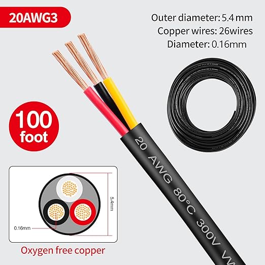 20 Gauge Wire 3 Conductor 20 AWG Electrical Wire Stranded PVC Cord Oxygen-Free Copper Cable 100FT 3 Core Pure Copper Flexible Cable Wire for LED Lamp Lighting Strips Automotive (20AWG-3C, 100F