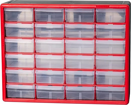 Akro-Mils 24-Drawer Plastic Drawer Storage Cabinet for Garage Organization, Bead Organizer, Building Bricks Storage, Teacher Toolbox, Makeup Organizer, 20" W x 6" D x 16" H, 10124 Red