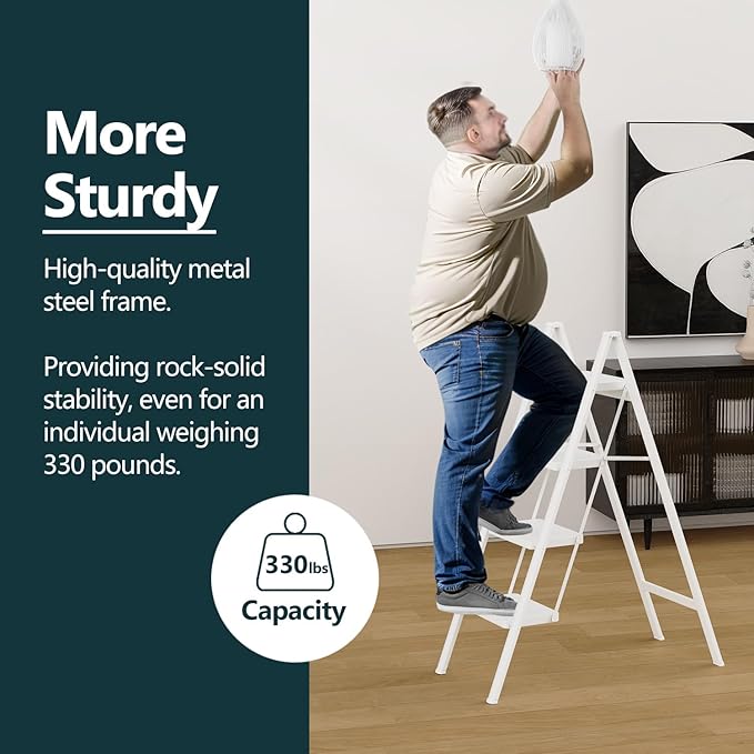 WOA WOA 4 Step Ladder, Folding Step Stool with Wide Pedals, Sturdy Steel Ladders with Anti-Slip Feet, Compact Kitchen Stepping Stool, Supports up to 330 lbs - White