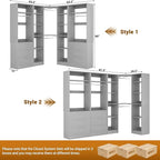 Corner Closet System with 6 Drawers, Closet Organizer System with 14 Shelves & 4 Hanging Rods, 87.2"L * 39.2"W / 63.2"L * 63.2"W Reversible L Shaped Walk-in Closets, Load 2500+LBS, Grey