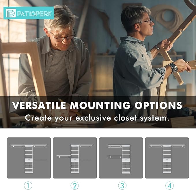 Closet System With Drawer - 8 FT Closet Organizer And Storage, Wood Closet Organizer System with Tower, Walk-in Closet Organizer Wardrobe Clothes Rack with 3 Hanging Rods, Garment Rack