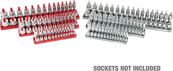 OEMTOOLS 22413 6 Piece SAE and Metric Socket Tray Set, SAE and Metric Socket Storage for Sizes 1/4", 3/8”, and 1/2" Drive, Socket Holders and Socket Organizer Tray for Toolbox, Red/Grey