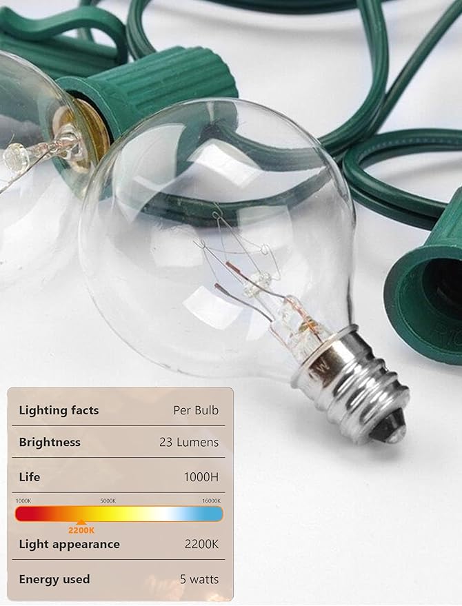 Abeja G40 Replacement Light Bulbs,Clear Globe Bulb fits E12 C7 Candelabra Screw Base Sockets, 1.5 Inch 5 watt Clear Glass Incandescent Bulbs for Indoor Outdoor Patio Decor, Warm White-50 Pack