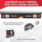 ARROW 16-Inch Level, Magnetic Torpedo Level with 45°/90°/180° Bubbles, Aluminum Alloy Body, Precision-Machined Base, Shockproof Rubber End Caps, V-Groove & Hanging Hole for Construction, Carpentry