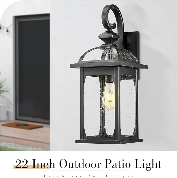 zeyu 22 Inch Outdoor Wall Light Sconce, Large Exterior Wall Light Fixture for House Porch, Die-Cast Aluminum with Seeded Glass, Black Finish, ZD100B-M BK