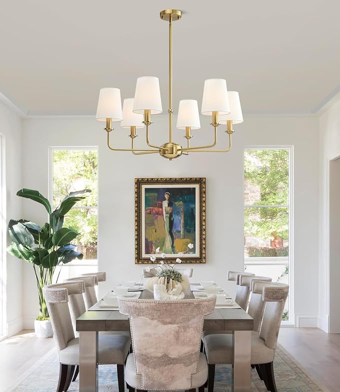 6-Light Brushed Gold Pendant Chandelier with White Linen Shades, E12 Base - Farmhouse & Industrial Style for Kitchen, Living Room, Dining Room, or Bedroom Lighting