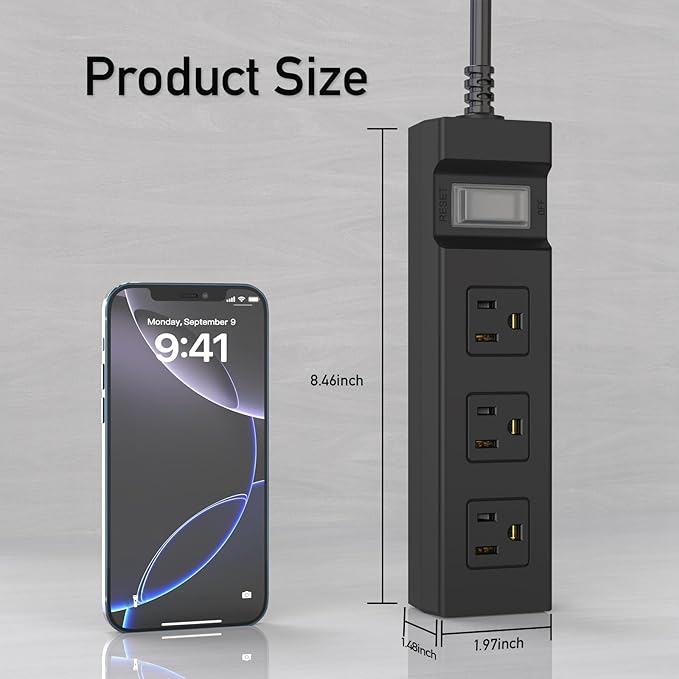 Outdoor Power Strip Weatherproof, KPQ IPX6 Waterproof Surge Protector with 3 Wide Outlets, 10FT Flat Plug Extension Cord, Wall Mountable for Home, Office, Dorm, Patio, FCC UL Listed