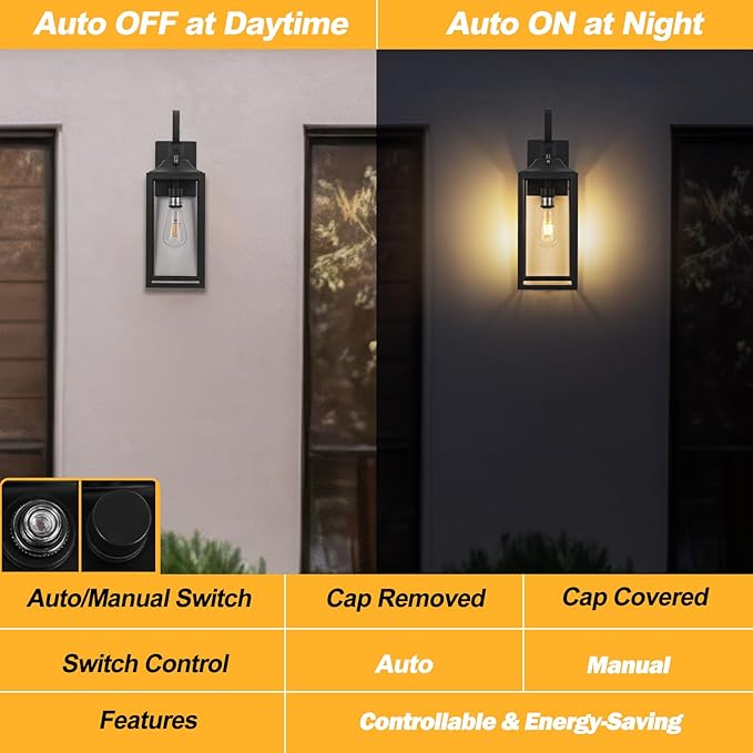 19" Large Dusk to Dawn Outdoor Lighting 2 Pack, Black Sensor Porch Lights Exterior Lighting Fixtures, Modern Wall Lantern Outdoor Wall Lights Waterproof Wall Sconce Lamp for House, Doorway, Garage