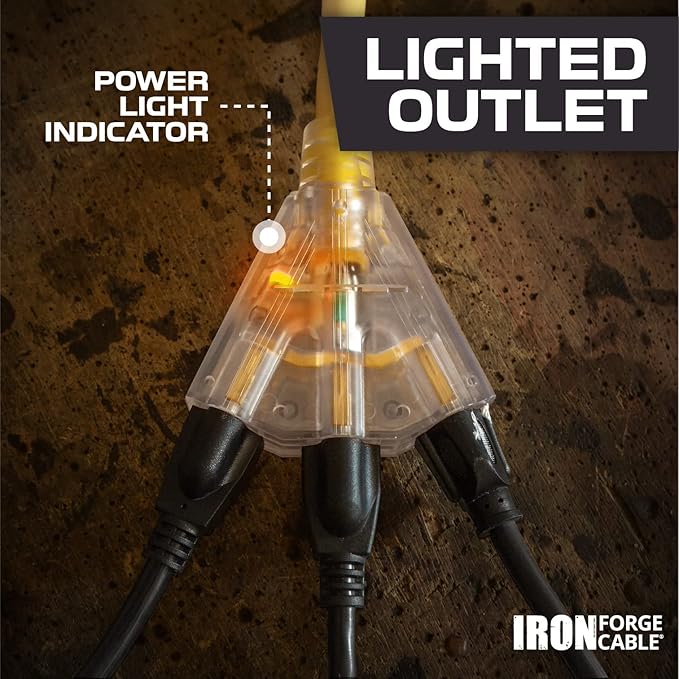 Iron Forge Cable 10 Gauge 50ft Lighted Outdoor Heavy Duty Extension Cord with 3 Outlets - 15 Amp 10/3 SJTW Yellow Extension Cord with Multiple Outlets