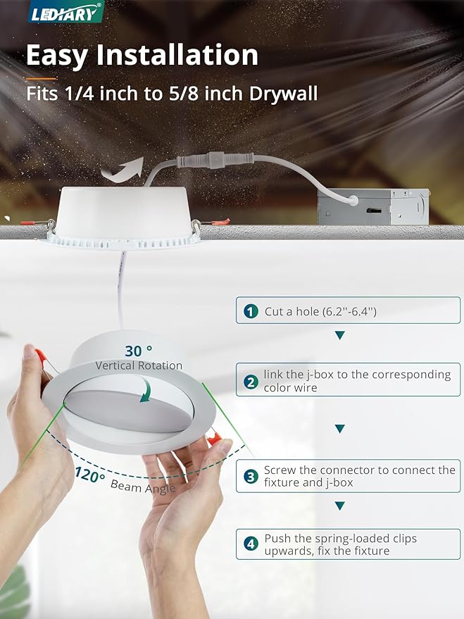 LEDIARY 12 Pack Gimbal LED Recessed Lighting 6 Inch, 5CCT Adjustable Recessed Light Slim Selectable 2700K-6000K,750LM Air Tight Canlights with Jbox,Canless Downlight Ceiling Light with IC Rated ETL