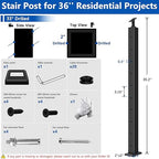 36" T304 Cable Railing Stair Post(Post 35"x2"x2"), 33° Drilled Railing Post with Cable Grommets Fit for 25-35° Stairway, Adjustable Top Mount Stainless Steel Black Finish Staircase Deck Post