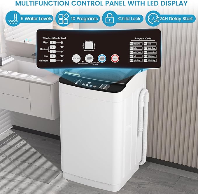 Zynkez 25lbs Portable Washing Machine, Fully Automatic Washing Machine with LED Display, 10 Wash Cycles, 26 Mins Quick Wash, 24H Delay Start, Clothes Washer with Drain Pump for Apartment, RV, Camp