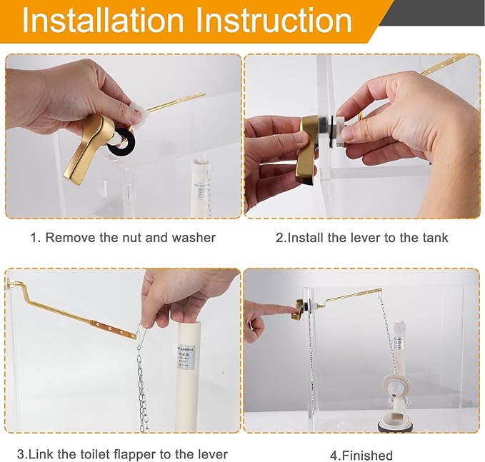 Hibbent Universal Metal Side Mount Toilet Handle Replacement Kit, Brass Toilet Flush Tank Lever with Stainless Steel Flapper Chains for Most Toilets, Brushed Gold