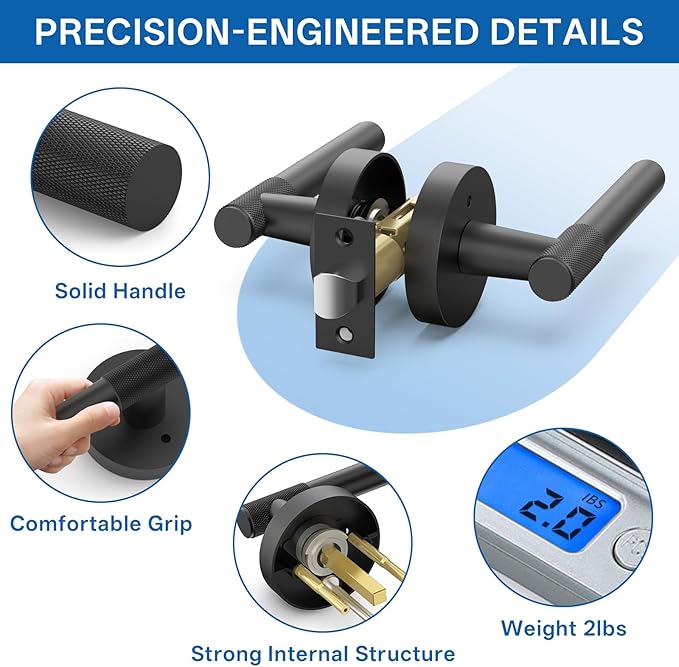 Amerdeco 3 Pack Matte Black Door Handles Interior,Knurled Privacy Door Handles with Lock,Heavy Duty Black Door Lever for Bedroom or Bathroom,Reversible Keyless for Left Right Handed Doors AM0027