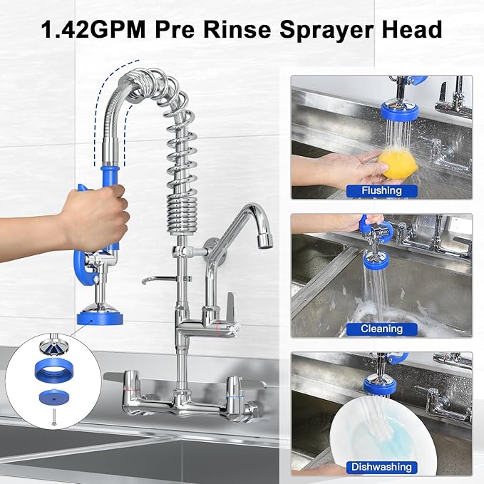 Commercial Faucet with Sprayer for Kitchen Staff : Akwadu Wall Mount Commercial Faucet with Pre Rinse Sprayer 8" Center - 21 Inch Pre Rinse Faucets with 8" Add-On Swing Spout for Dishwashers