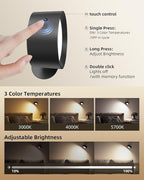 LED Wall Mounted Lights, Rechargeable Wall Sconces Lamp, 3 Color Temps & Remote and Touch, 360°Rotation Dimmable Cordless Wall Light for Study Bedroom Reading Bedside(Black, 1 Pack)