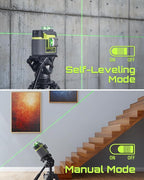 3D-RS12 Laser Level 3x360° Green Beam for Construction and Picture Hanging, Self-Leveling 3D Laser with 2 Rechargeable 11.1V Batteries (24 Hrs), Magnetic Liftable Stand, Type-C Cable