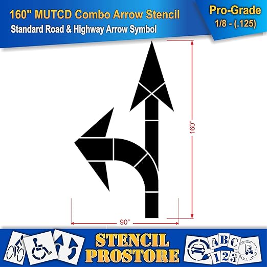 Pavement Stencils - 160 inch - Straight & Turn Combo Arrow KIT for MUTCD, FHWA, Road & HWY DOT - (3 Piece) - 160" x 90" x 1/8" (128 mil) - Pro-Grade