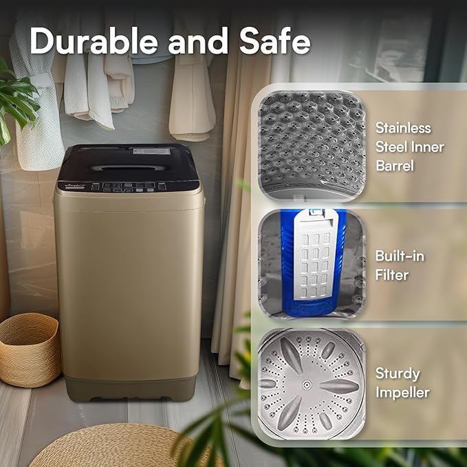 Portable Clothes Washing Machines 17.8LBS Full Automatic Washer and Spinner Combo with 10 Programs and 8 Water Levels, Compact Laundry Wash Machine for Apartment RV Dorm Home, Gold