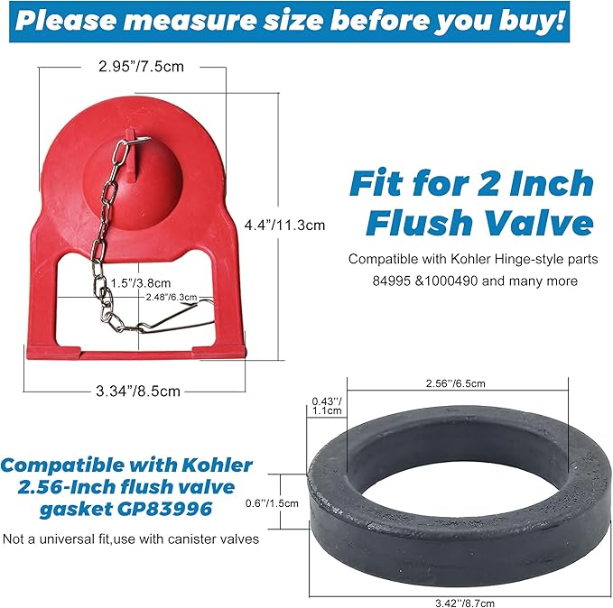 Toilet Flapper Replacement with Toilet Flush Valve Seal Gasket Compatible with Kohler Parts 84995 and 1000490 Flapper Replacement and Kohler GP83996 Gasket, 2.5 Inch