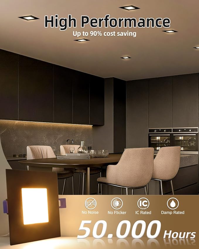 zouzai Square Led Recessed Lighting,5CCT Ultra Thin Square Led Ceiling Light with Junction Box,CRI90,2700K-5000K Selectable,Dimmable Canless Downlight,ETL and Energy Star (Black【12 Pack】, 4 Inch)