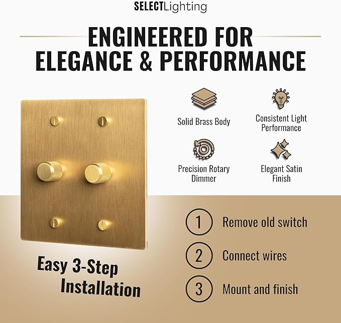 2-Gang Satin Solid Brass Rotary Dimmer Switch, 15A 120V AC Wall Mount, TRIAC/Leading Edge 1-Way Compatible, Dimmable LED Light Control with Knob, Faceplate & Dimming Module