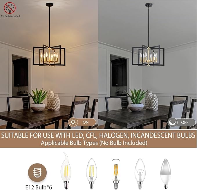 Black and Gold Chandelier 6-Light, Dining Room Light Fixture Geometric Metal Modern Chandelier Lighting for Kitchen Island Living Room Entryway, 20 Inch Pendant Lighting Hanging Ceiling Lamp