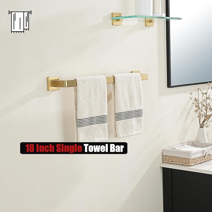 JQK Gold Towel Bar, Rounded Edges 20.41 Inch Towel Rack, 304 Stainless Steel Bathroom Wall Mount, Useable Length 18 Inch, TB250L18-BG