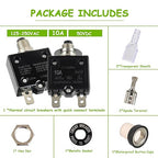 10A Manual Reset Push Button Circuit Breaker 125/250V AC 50V DC Thermal Overload Protector with Quick Connect Terminals and Waterproof Button Caps Assortment Kit(Pack of 1 pcs)