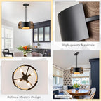 Industrial Drum Chandeliers, Modern Black Metal Pendant Lighting Walnut Wood Grain 4-Ligth Semi Flush Mount Chandelier 12" for Foyer Entryway Kitchen Hallway Dining Room