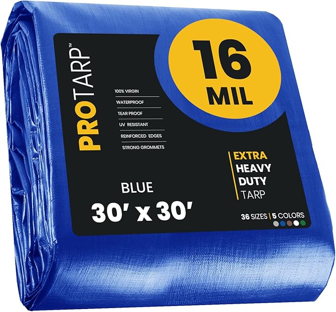PROTARP Extra Heavy Duty 16 Mil Tarp Cover, Waterproof, UV Resistant, Rip and Tear Proof, Poly Tarpaulin with Reinforced Edges for Roof, Camping, Patio, Pool, Boat. (Blue 30′ X 30′)