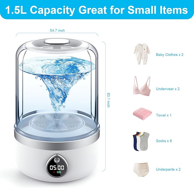 Portable Washing Machine, 1.5L Underwear Washer Rechargeable Cordless Makeup Sponges Cleaner Deep Clean Socks, Underwear, Baby Clothes, Washing Machine for Apartment, Dorm, Camping(White)