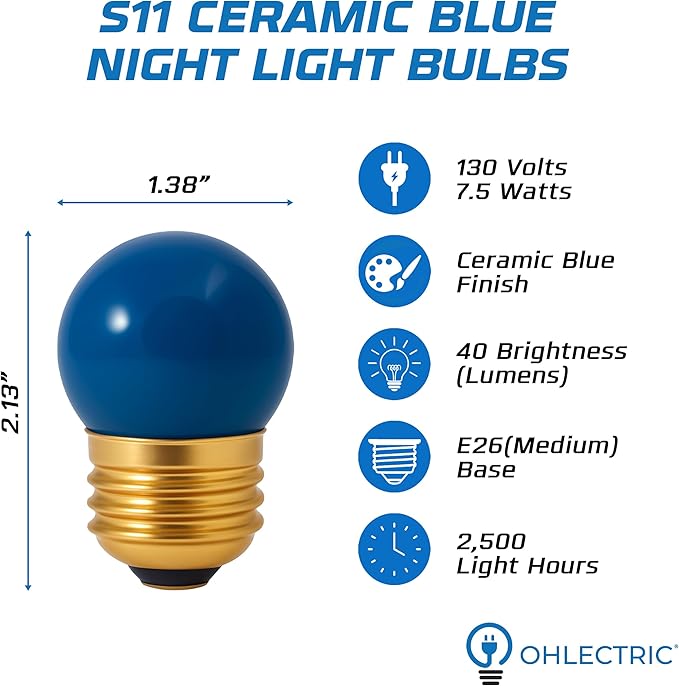 OHLECTRIC 10 Pack - S11 Ceramic Blue Night Bulbs | Dimmable | 7.5W Incandescent Light Bulb with E26 Medium Base | 40 Lumens Brightness | 2700K Warm White Light for Home Illumination