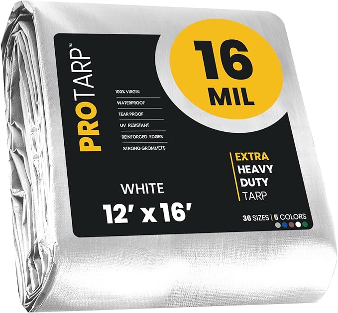 PROTARP Extra Heavy Duty 16 Mil Tarp Cover, Waterproof, UV Resistant, Rip and Tear Proof, Poly Tarpaulin with Reinforced Edges for Roof, Camping, Patio, Pool, Boat. (White 12′ X 16′)