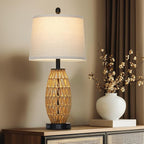 27" Boho Rattan Table Lamp with Night Light, Wicker Bedside Lamp with USB A+C Charging Port & AC Outlet, Woven Coastal Bedroom Lamps for Nightstand, Tall Farmhouse Lamps for Living Room Single