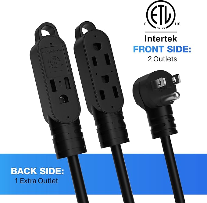 3 Prong Power Extension Cord with Multiple Outlets 6 FT, 16/3 Gauge Multi 3 Outlet Wire, 90 Degree Angled Male Plug, 16 AWG Grounded Wire (13A 125V 1625W), ETL Listed, Black Cable with 25 Cable Ties