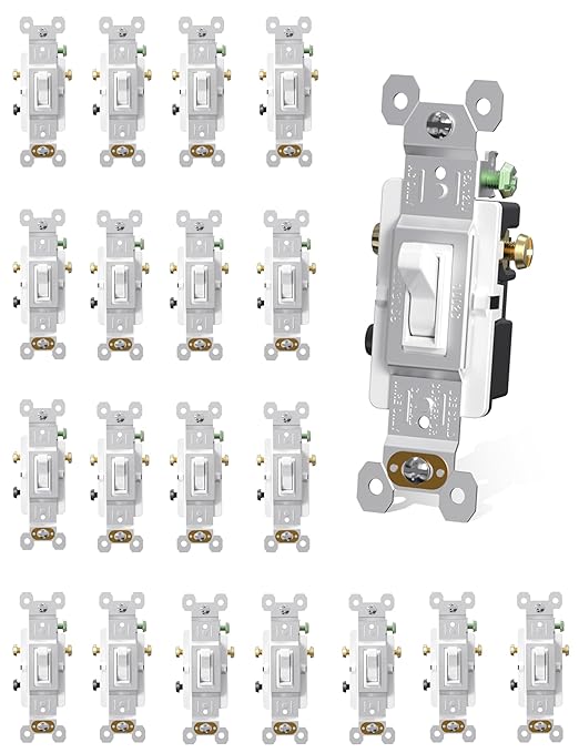 AIDA 3 Way 15 Amp Quiet Indoor Toggle Switch Self-Grounding ON Off Toggle, Residential Grade, UL Listed, Quickwire Push-in & Side Wired (White, 20 Pack)